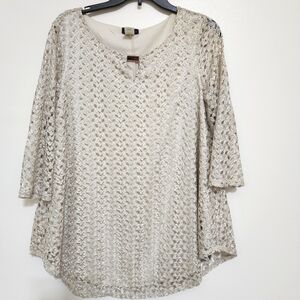 COCOMO All Over Lace 3/4 Sleeves Lined Blouse Large Ecru‎
